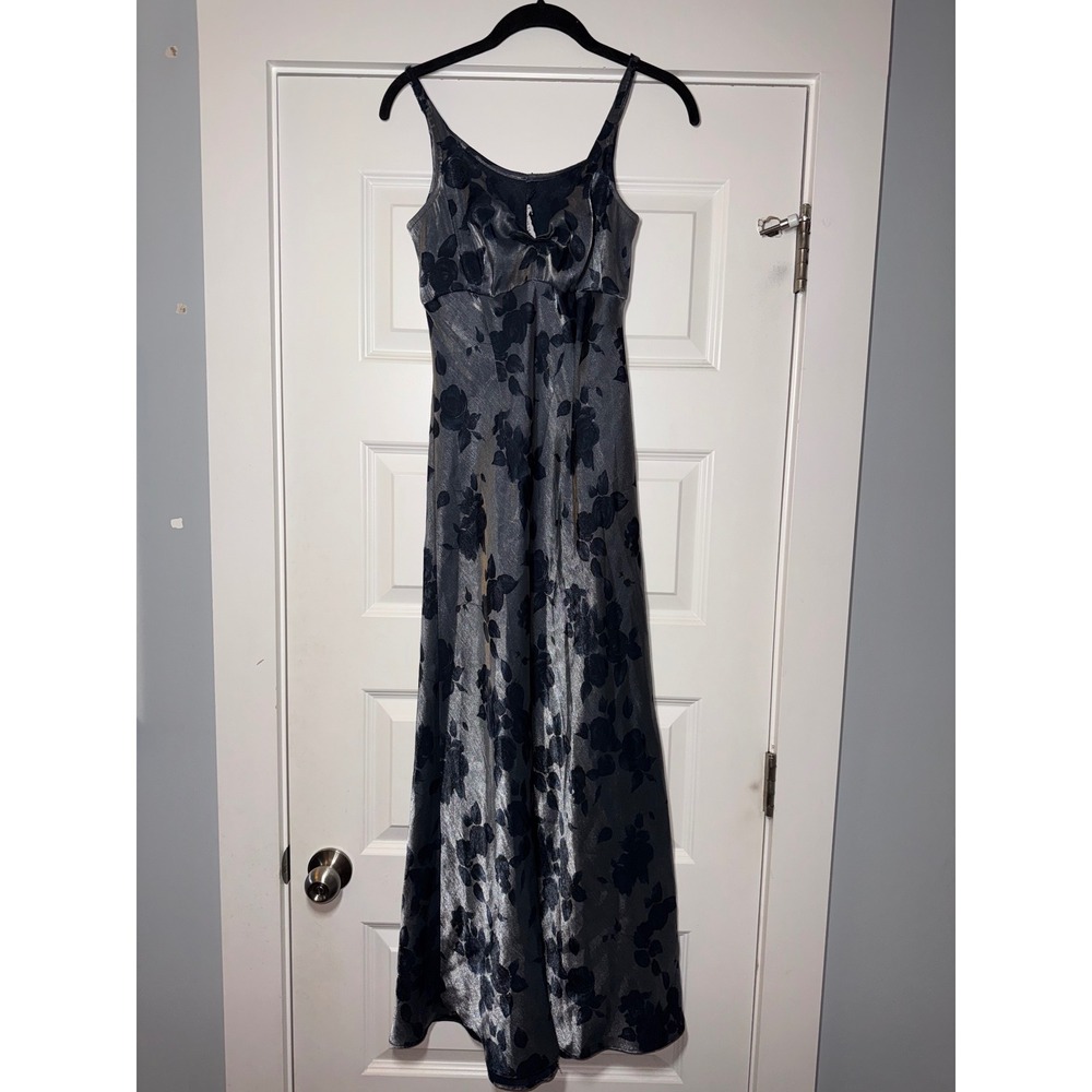 Roberta Vintage Y2K Silver Metallic Blue Floral Maxi Dress Empire Waist Gown